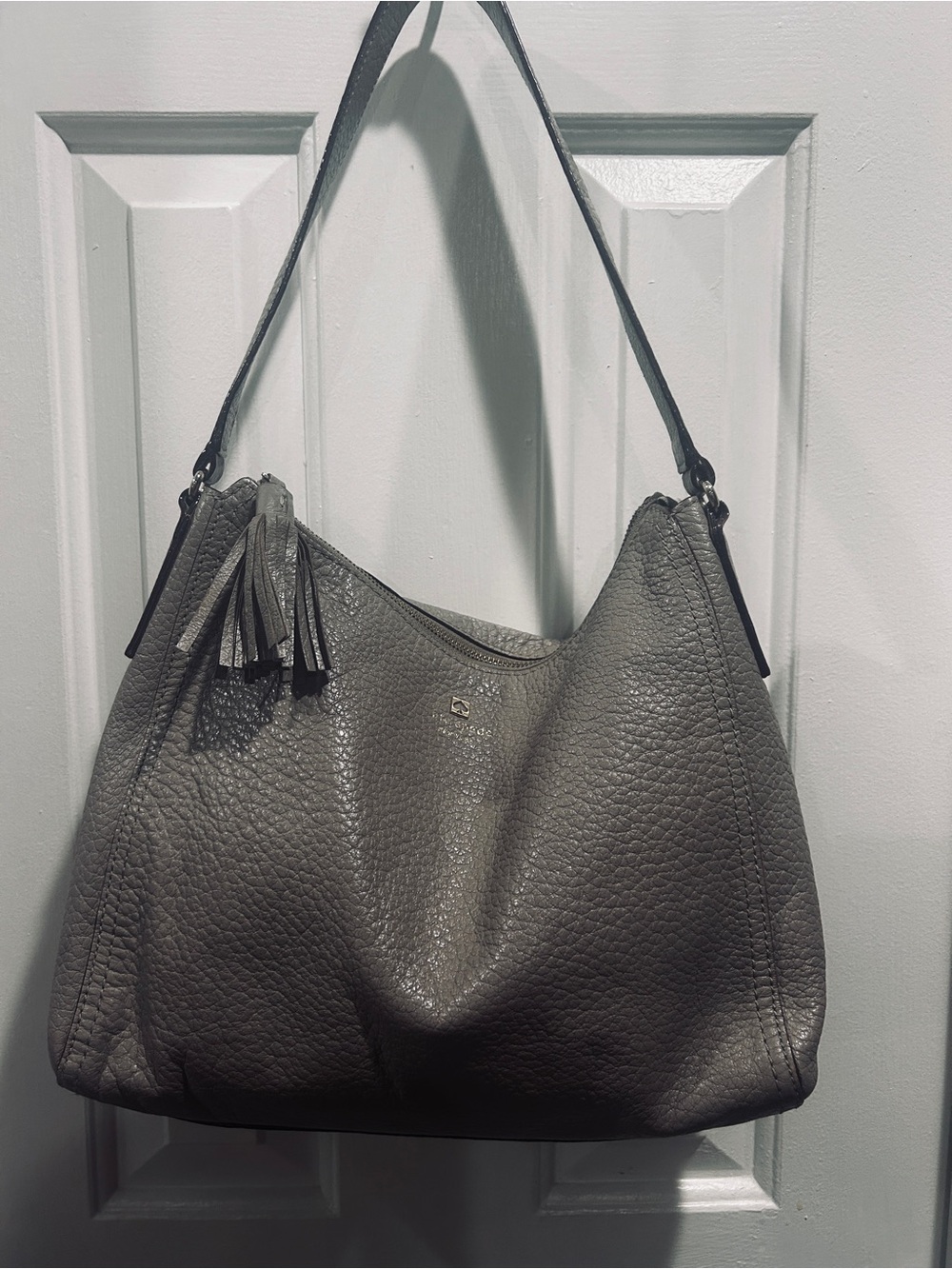 kate spade Gray Pebbled Leather Hobo Shoulder Bag with Tassel